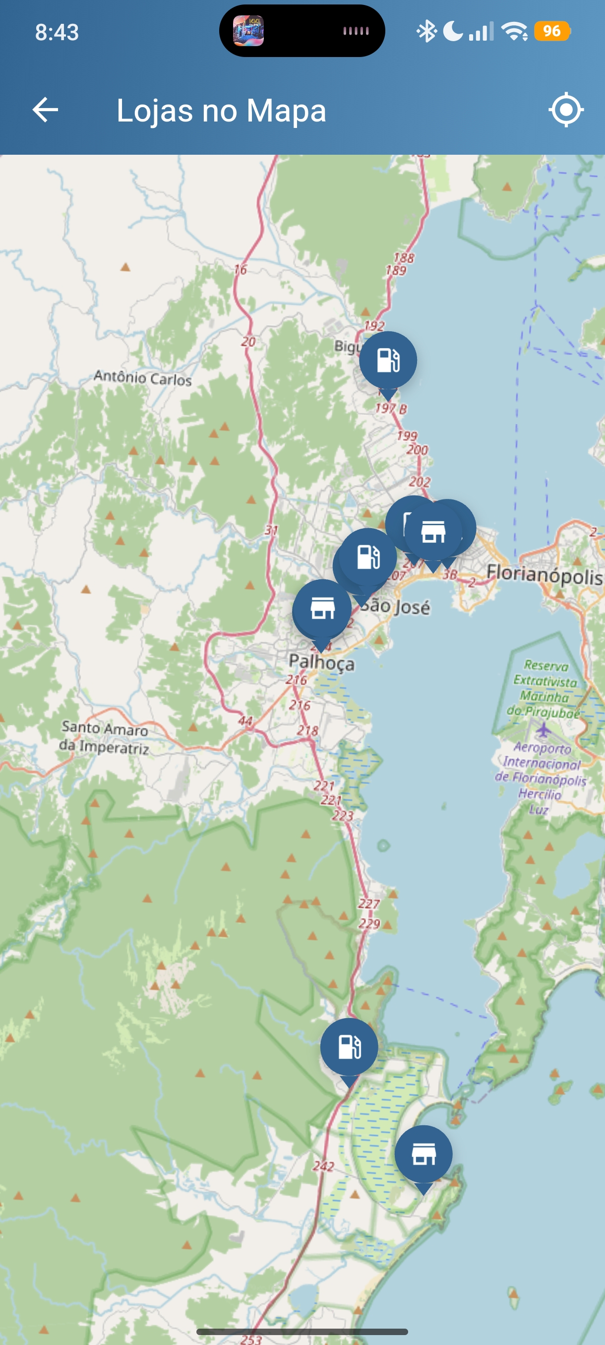 Mapa do AutoVida com a localização das lojas cadastradas